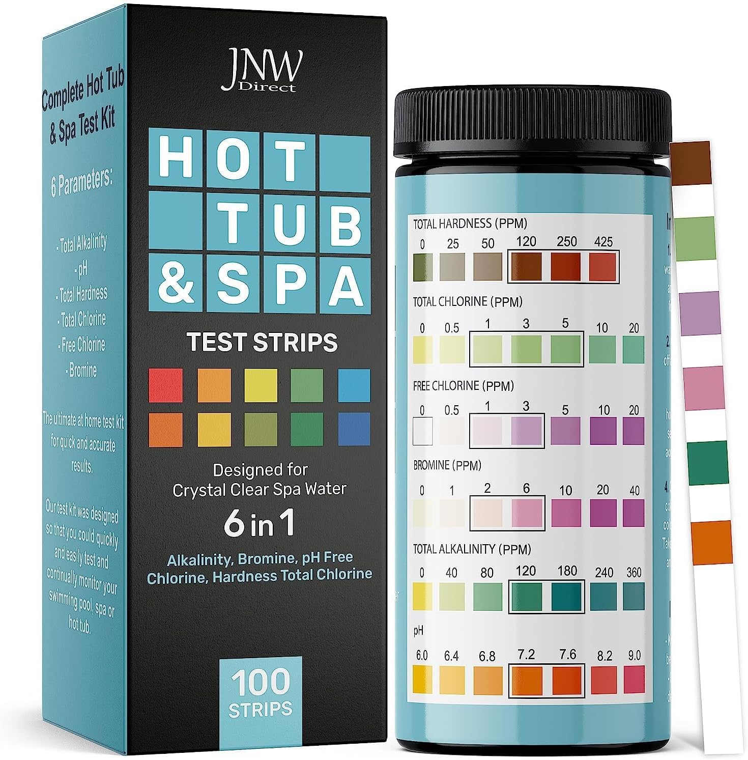 AFFORDABLE 100 6-IN-1 TEST STRIPS: Get more for your money with our pool, spa and hot tub test kit that contains 100 test strips, providing an affordable option for regular pool, spa and hot tub maintenance. Keep your water clean, healthy, and enjoyable with our 6-in-1 pool and hot tub test strips that test your water for Hardness, Chlorine, Bromine, Free Chlorine, pH, and Alkalinity