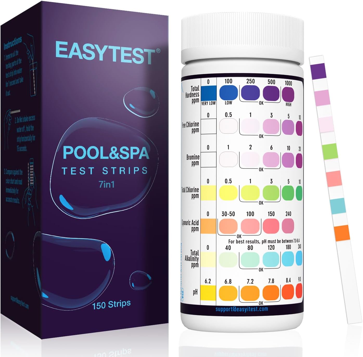 EASYTEST 7-Way Pool Test Strips, 150 Strips Water Chemical Testing for Hot tub and Spa